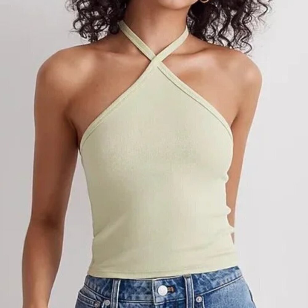 Madewell Rib Halter Tank Top Women's Size XL Honey Dew Cropped Supima Cotton NWT